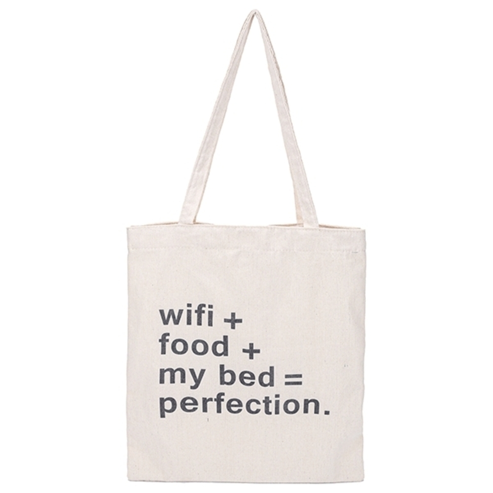 Canvas Tote Bag with 'wifi + food + my bed = perfection.' Print